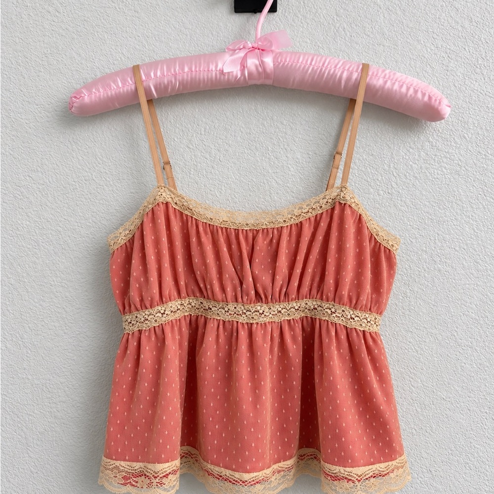 Cider Coral Polka Dot Lace-Trim Cami